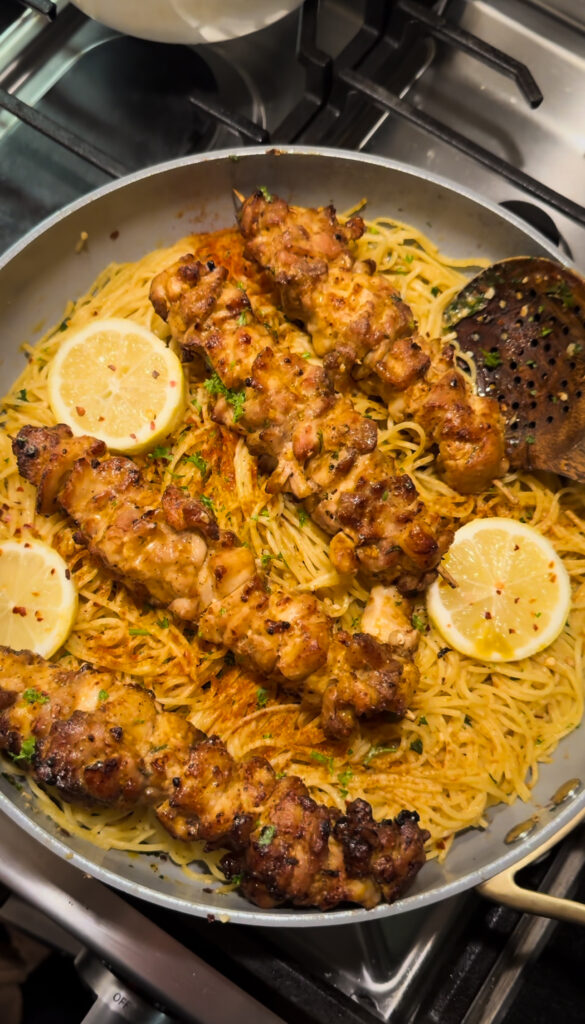 Lemon Pepper Chicken Skewers With Lemon Butter Pasta